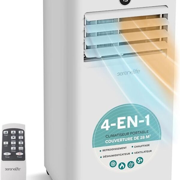 SereneLife Climatiseur Mobile 7000 BTU avec Chauffage, Jusqu'à 31 m² – Silencieux 55 dB, Déshumidificateur, Ventilateur, Télécommande et Écran LED [Classe énergétique A+++]