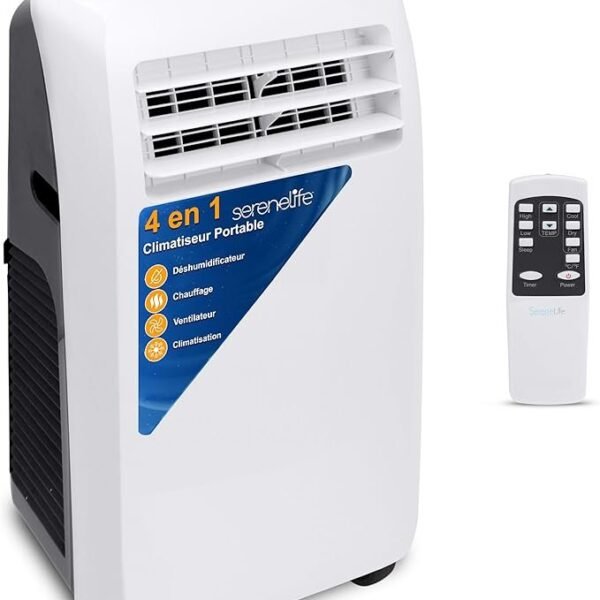 SereneLife Climatiseur Mobile 9000 BTU avec Chauffage – Climatiseur Réversible Portable 4 en 1, jusqu’à 41 m², Déshumidificateur, Ventilateur, Télécommande, Kit Fenêtre, Blanc
